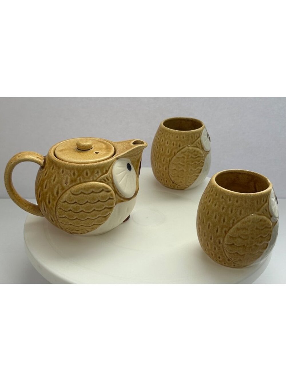 Vintage Mino Kotobuki Owl Ceramic Teapot w/ Diffuser 2 Matching Cups Tan & White - Picture 4 of 10